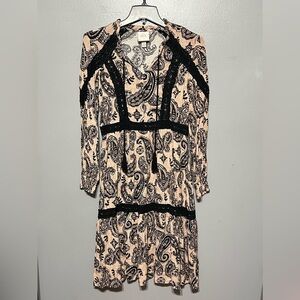 Knox Rose Paisley V-Neck Dress Small Tan Black Long Sleeve Tassels Boho Casual